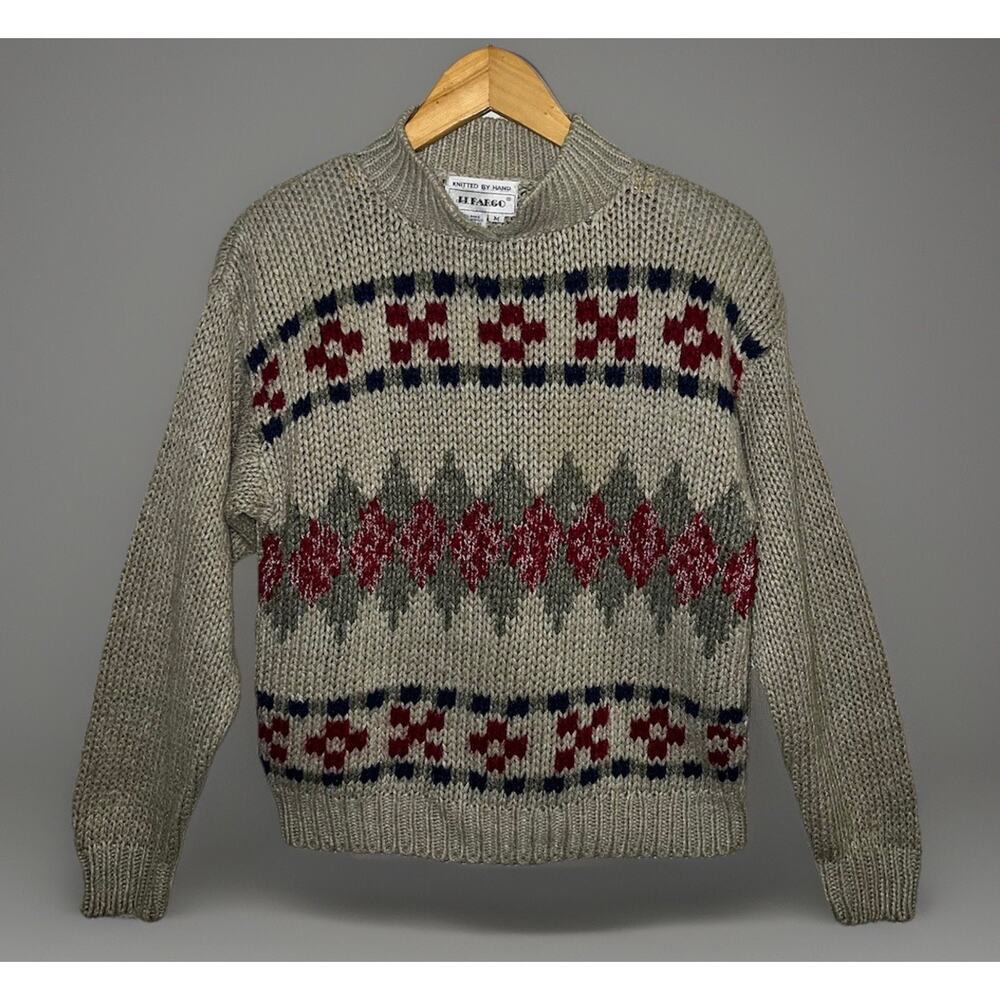 Vtg JJ Fargo Thick Knit Tan Red Blue Green Fair Isle Geometric Grannycore Size M